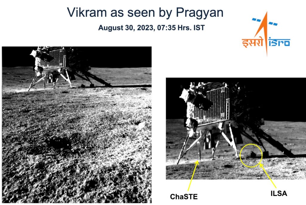 चंद्रयान 3: लैंडिंग के एक हफ्ते बाद प्रज्ञान द्वारा ली गई विक्रम लैंडर की पहली तस्वीर।