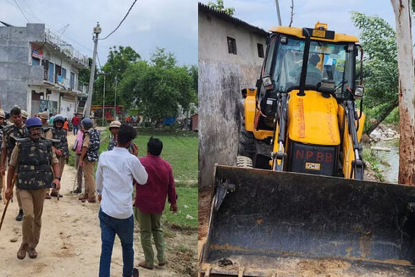 बेकरी ढहाने गया बुलडोजर, तालाब किनारे की मिट्टी में धंसा