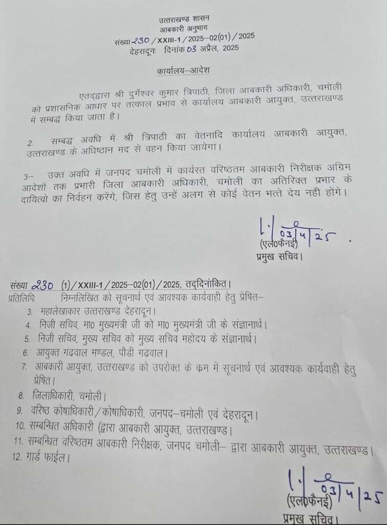 Dehradun: जिला आबकारी अधिकारी चमोली का स्थानांतरण, वरिष्ठ निरीक्षक को मिला अतिरिक्त प्रभार