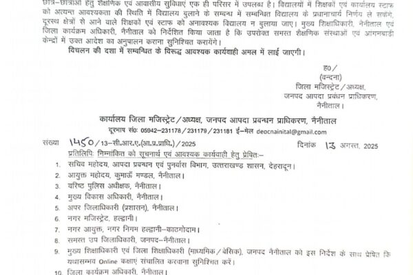 Nainital: भारी बारिश के कारण नैनीताल जिले में 14 अगस्त को सभी विद्यालय व आंगनबाड़ी केंद्र बंद