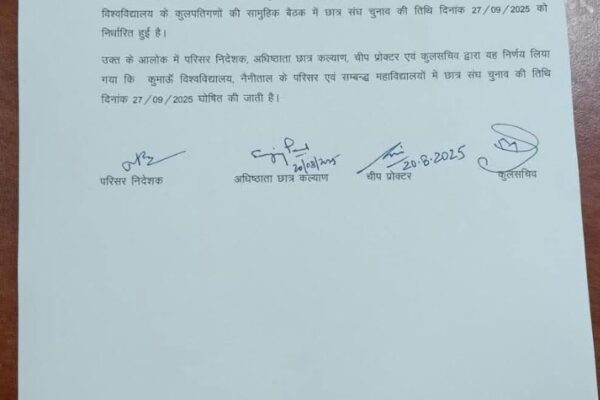 Nainital: कुमाऊं विश्वविद्यालय में 27 सितम्बर को होंगे छात्र संघ चुनाव, कैंपस में बढ़ी सरगर्मियां