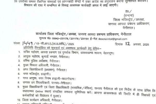 Nainital: भारी बारिश के रेड अलर्ट पर नैनीताल जिले में 13 अगस्त को सभी स्कूल और आंगनबाड़ी बंद