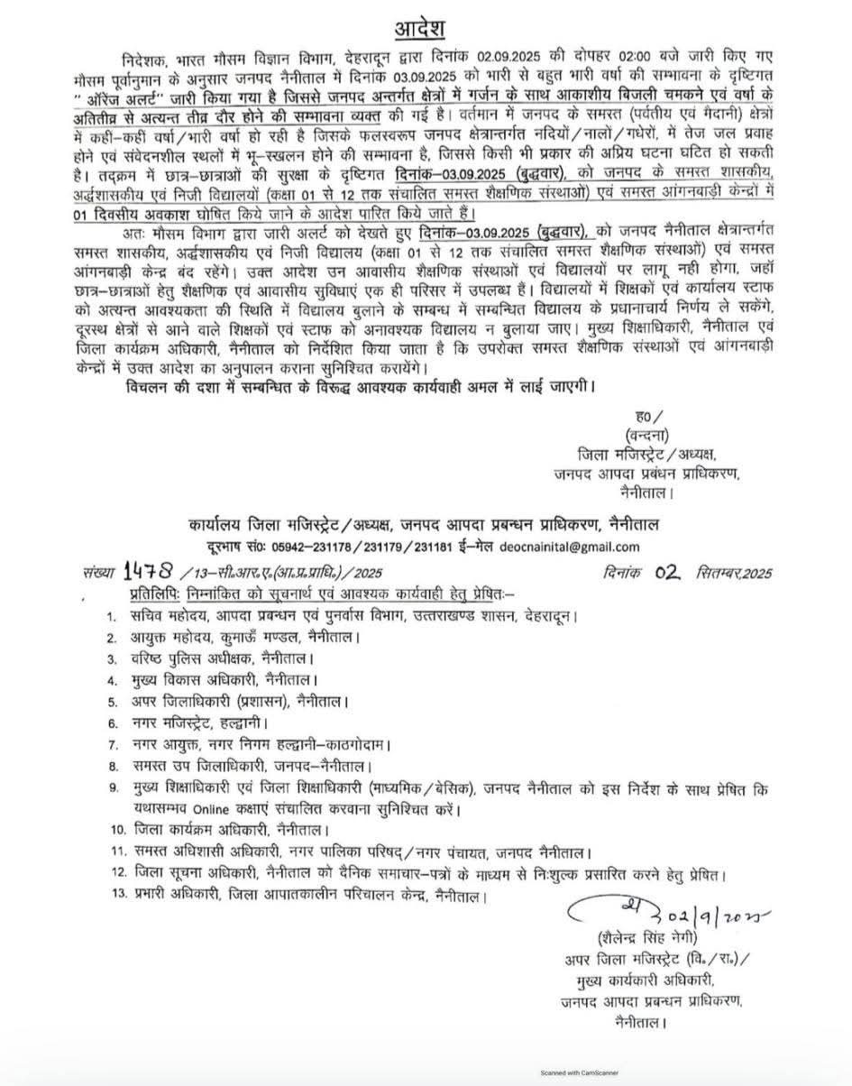 Nainital: नैनीताल में भारी बारिश से जनजीवन अस्तव्यस्त, 3 सितंबर को सभी स्कूल और आंगनबाड़ी केंद्र बंद रहेंगे