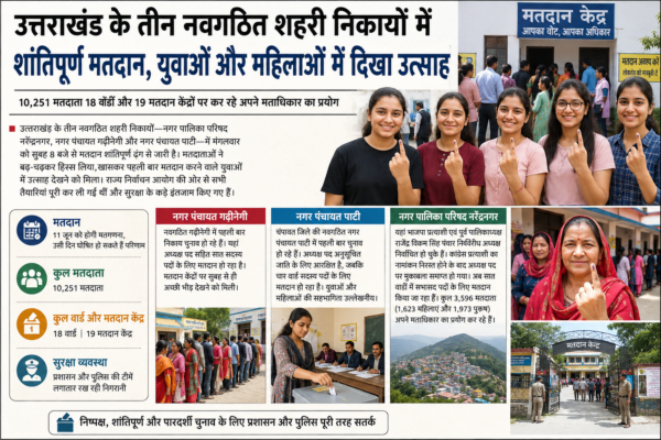 Uttarakhand:उत्तराखंड के तीन नवगठित शहरी निकायों में शांतिपूर्ण मतदान, युवाओं और महिलाओं में दिखा उत्साह।