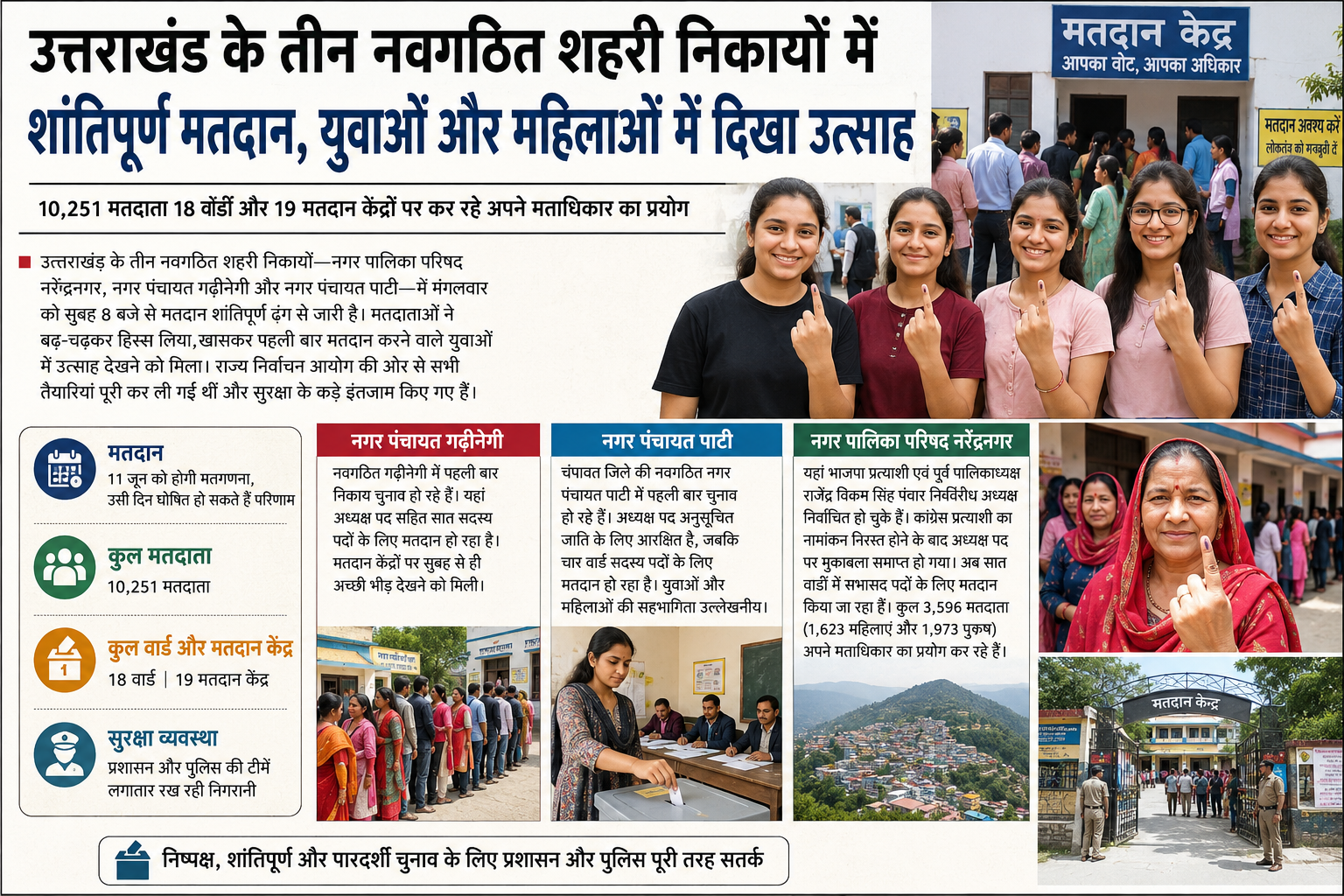 Uttarakhand:उत्तराखंड के तीन नवगठित शहरी निकायों में शांतिपूर्ण मतदान, युवाओं और महिलाओं में दिखा उत्साह।