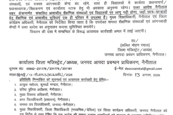 Nainital: नैनीताल में भारी बारिश के अलर्ट के बीच 14 अगस्त को सभी स्कूल और आंगनबाड़ी केंद्र बंद, जिलाधिकारी ने जारी किए आदेश