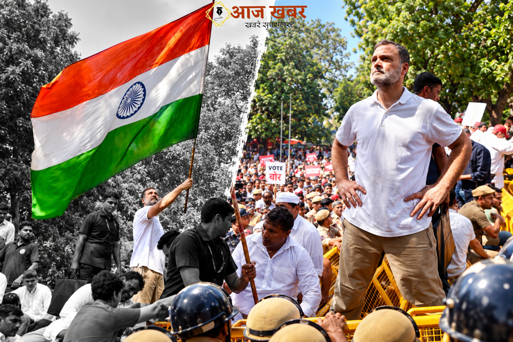 New Delhi: चुनाव आयोग के खिलाफ राहुल गांधी का बड़ा प्रदर्शन, बैरिकेड पर चढ़कर लहराया तिरंगा, आकाशवाणी भवन में धरने पर बैठे विपक्षी नेता