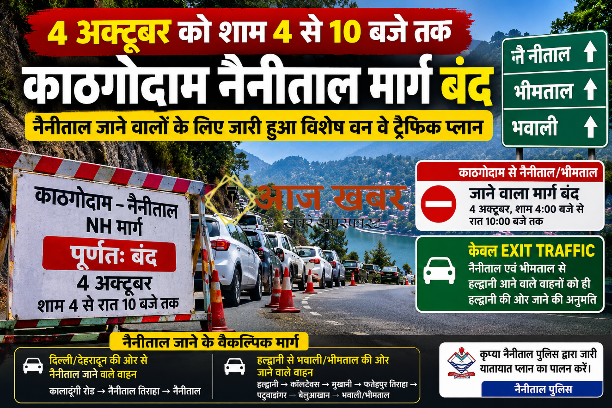 Nainital: 4 अक्टूबर को शाम 4 से 10 बजे तक काठगोदाम नैनीताल मार्ग बंद, नैनीताल जाने वालों के लिए जारी हुआ विशेष वन वे ट्रैफिक प्लान